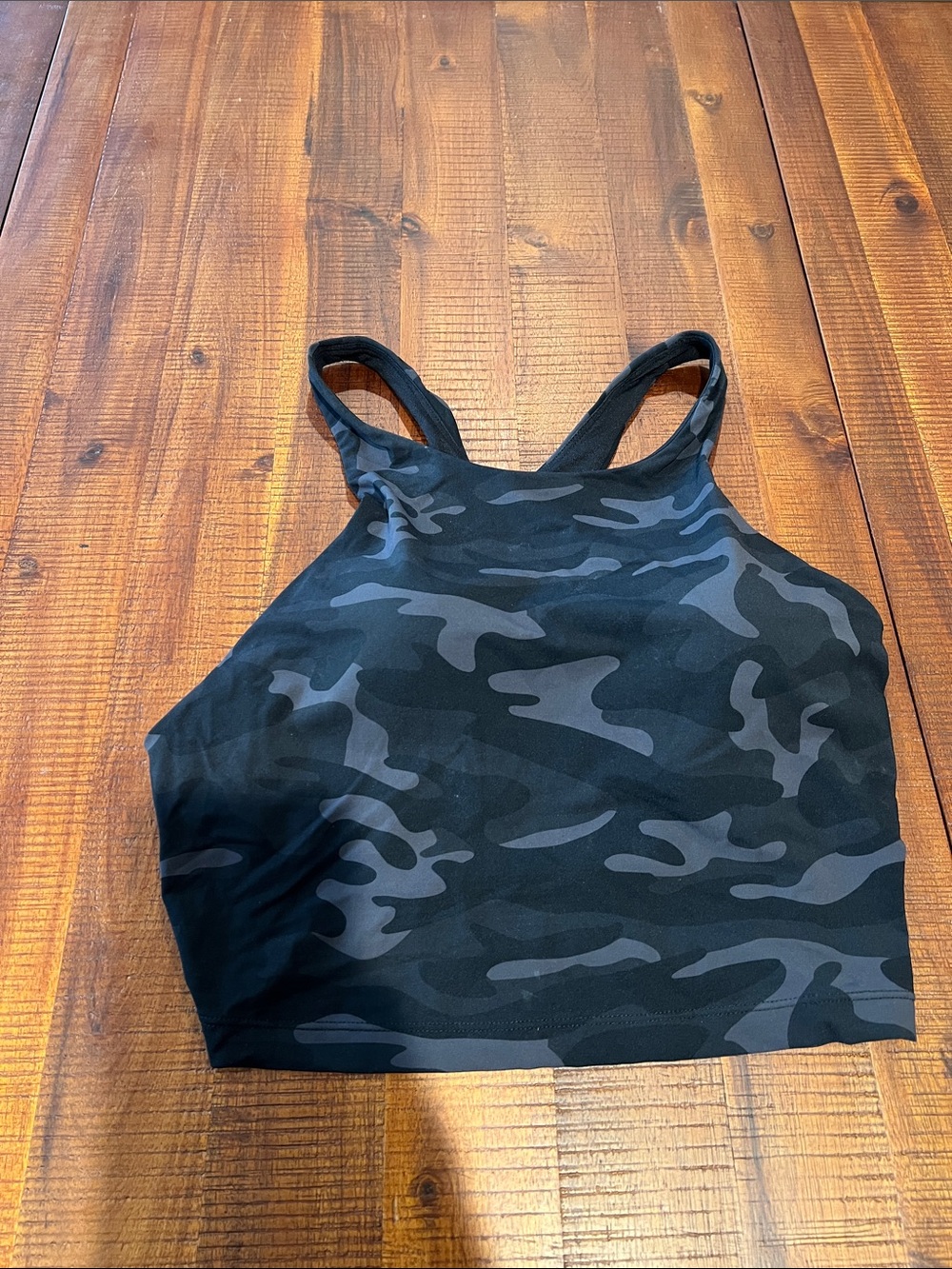 CRZ YOGA Black and Grey Camo Racerback  Cropped High Neck Swim Bikini top